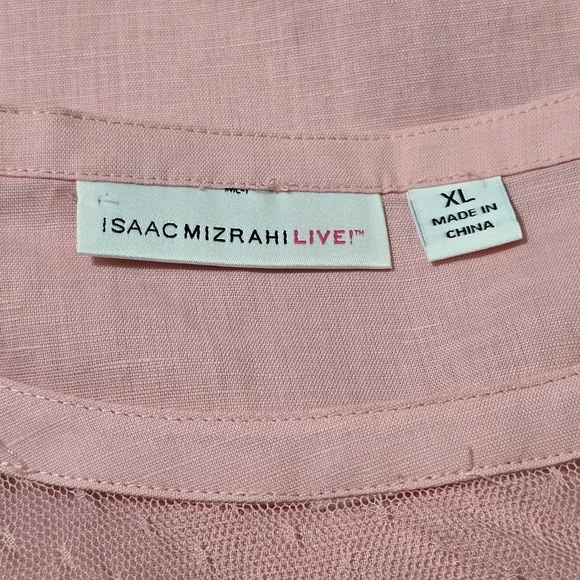 ISAAC MIZRAHI Floral Stitched Mesh Detail Short Sleeve Linen Blend Top XL Pink - Picture 11 of 12